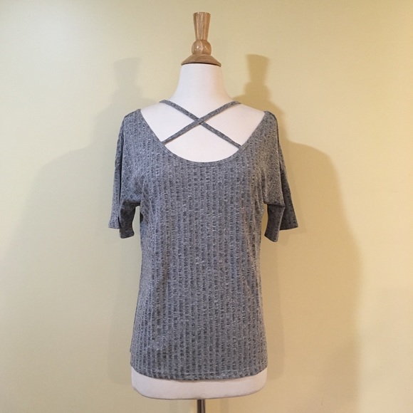 Strappy Cross Front Drapey Ribbed Short Sleeve Tee - Picture 7 of 8